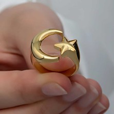 Stil Love Gümüş Gold Ay Yıldız Kadın Yüzük