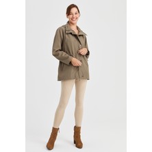 Desen Triko Kadın Kapüşonlu Kısa Trençkot Yeşil