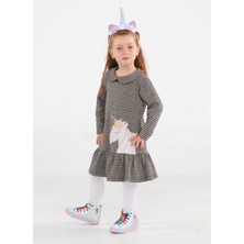 Casabony Unicorn Ekose Fırfırlı Kız Çocuk Elbise