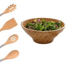 Bizimevde Metal Saplı Bambu Spatula + Makarna Kaşığı + Delikli Kaşık + Servis Kaşığı 4'lü