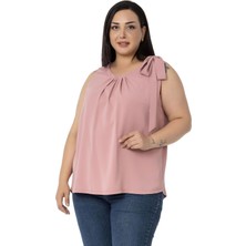 Disentis Modest Büyük Beden Yakası Pileli Omuzda Kurdele Detaylı Astarlı Kolsuz Gül Kurusu Bluz