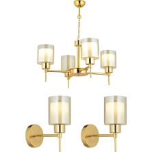 Apliqa Cemre 4 Lü Gold Modern Tasarım Yatak Odası Salon Avize-Aplik Seti 3 Parça Avize-Aplik Seti Seti