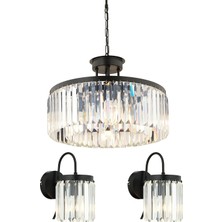 Apliqa Kanvas 3 Parça Kristalli Taşlı Modern Tasarım Kristal Salon Avize-Aplik Seti