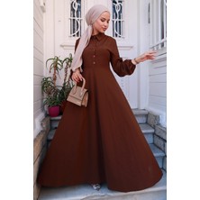 Hafsa Mina Kuşaklı Mevlana Elbise Kahverengi HM2105