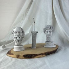 Oasis Decoration Gri Eskitme Hermes ve Socrates 13 cm 2'li Heykel ve Sütun Not Tutucu 3'lü Set