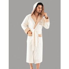 Nuşa Krem  Kapüşonlu Sports Nakışlı Bambupamuklu Erkek Bornozu