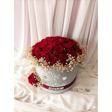 Destina Tasarım Gri Battal Boy Kadife Kutuda Kırmızı Gül Kız Isteme Çiçeği