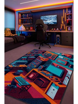 Homshtag Renkli Gamer Odası Halısı,Pastel Tonlu Canlı Renkli Genç Odası Halısı,Oyuncu Odası Halısı,Modern Gamer Halısı