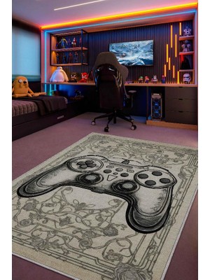 Homshtag Gamer Odası Bej Halı,Krem Renkli Genç Odası halısı,Açık Renkli Oyuncu Odası Halısı,Krem Çocuk Odası Halısı