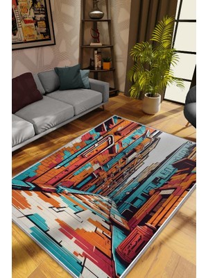 Homshtag Art Deco Sokak,Mavi Turuncu Beyaz Dekoratif Halı,Sokak Sanatı Temalı Graffiti Halısı,Renkli Genç Odası Halısı