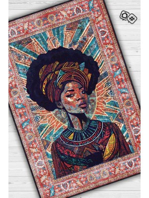 Homshtag Art Deko Vintage Afrikalı Kadın,Renkli Dekoratif Etnik Halı,İnsan Figürlü Geleneksel Bordürlü Çok Renkli Halı