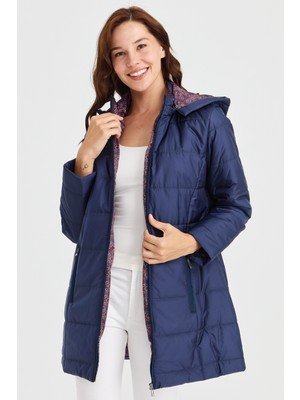 Desen Triko Kadın Astarı Araboy Kapitone Kaban Lacivert