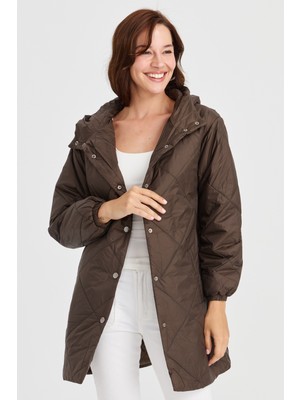 Desen Triko Kadın Şişme Kareli Uzun Kaban Yeşil