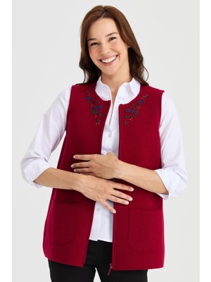 Desen Triko Kadın Sıfır Yaka Kenarı Dantel Işlemeli Yün Yelek V.çürüğü