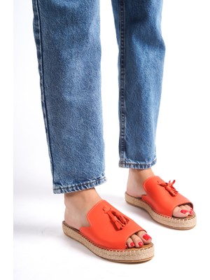 Mubiano Hakiki Deri 605-ORJ Püsküllü Oranj Kadın Espadril Terlik