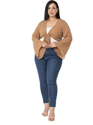 Disentis Modest Büyük Beden Ispanyol Kollu Önden Bağlamalı Camel Bolero