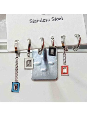 Stainless Steel Zirkon Taşlı Kare Figürlü Halka Sallantılı Kadın Çelik Küpe Seti