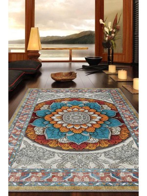 Homshtag Çiçekli Mandala Halısı,Meditasyon Temalı Renkli Halı,Madala Desenli Vintage Halı,Yoga Halısı,Sipiritüel Halı