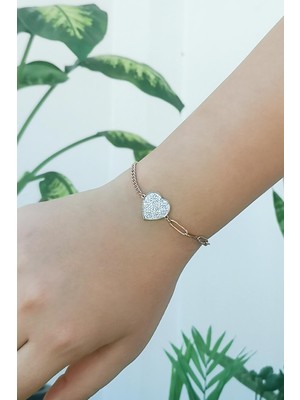 Rose Gold Kaplama Zirkon Taşlı Kalpli Çelik Bileklik