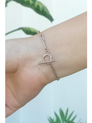 Rose Gold Kaplama Zirkon Taşlı Kalpli Çelik Bileklik