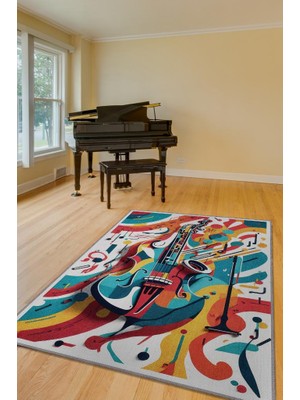 Homshtag Renkli Gitar Halısı,Pop Art Müzik Halısı,Müzik Evi Halısı Tarz Genç Odası Halısı,Gitarist,Müzik Sever Halısı