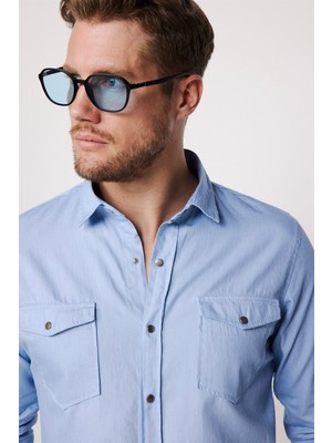 Tudors Slim Fit Uzun Kollu Çift Cep Çıtçıtlı Denim Kot Erkek Mavi Gömlek