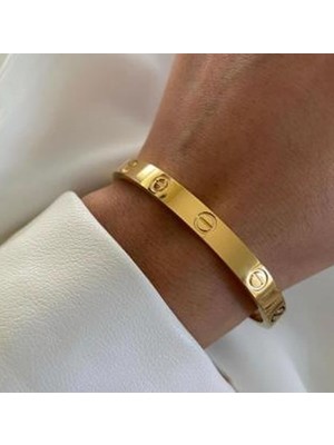 Jadenne Kadın Için Cartier 20 Numara Büyük Boy Kelepçeli Bileklik Çelik Üzeri Altın Kaplamalı Garantili