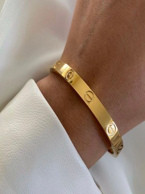 Jadenne Kadın Için Cartier 20 Numara Büyük Boy Kelepçeli Bileklik Çelik Üzeri Altın Kaplamalı Garantili