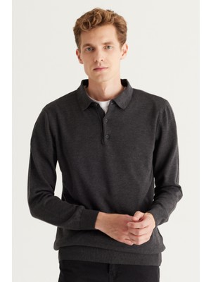 ALTINYILDIZ CLASSICS Erkek Antrasit-Melanj Standart Fit Normal Kesim Polo Yaka Pamuklu Triko Kazak