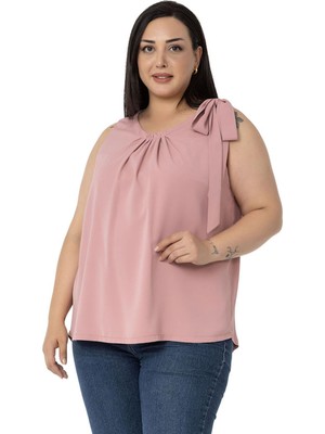 Disentis Modest Büyük Beden Yakası Pileli Omuzda Kurdele Detaylı Astarlı Kolsuz Gül Kurusu Bluz