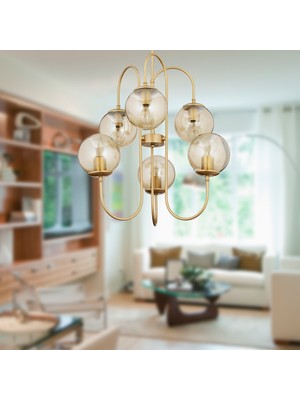Apliqa Sosa 6Lı Eskitme Boyalı Bal Camlı Modern Genç Odası Cafe Restoran için Uygun Salon Avize
