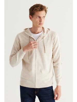 ALTINYILDIZ CLASSICS Erkek Bej Standart Fit Normal Kesim Kapüşonlu Pamuklu Triko Hırka