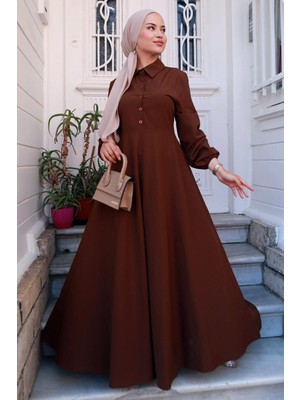 Hafsa Mina Kuşaklı Mevlana Elbise Kahverengi HM2105
