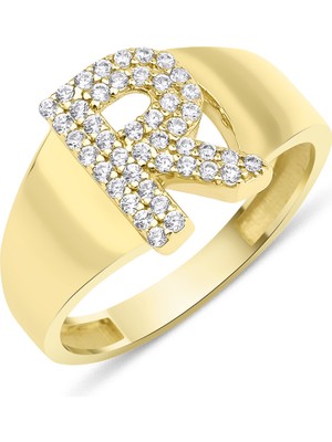 Fiyonk Kuyumculuk 14 Ayar Altın Taşlı R Harfli Yüzük