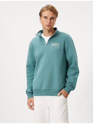 Koton Yarım Fermuarlı Sweatshirt Slogan Baskılı Dik Yaka Ribanalı