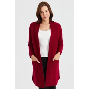 Desen Triko Kadın Dik Yaka Kendinden Bantlı Uzun Yün Hırka V.çürüğü