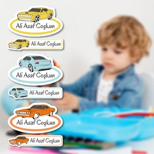 Kişiye Özel Araba Temalı Okul Etiket Seti - 108 Adet - Kokusuz Ekolojik Mürekkep Pvc Etiket Sticker