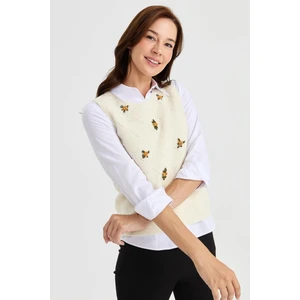 Desen Triko Kadın Sıfır Yaka Önü Baklava Linksli Yün Süveter Kemik