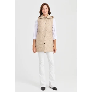 Desen Triko Kadın Kapüşonlu Kapitone Yelek Bej