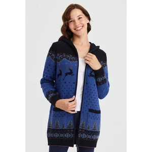 Desen Triko Kadın Kapüşonlu Geyik Desenli Yün Hırka K.lacivert