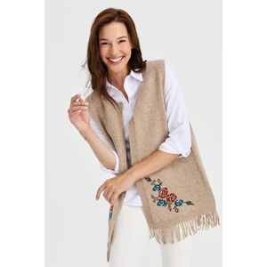 Desen Triko Kadın Eteği Çiçekli Püsküllü Yelek K.bej