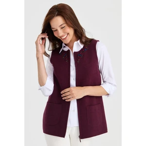 Desen Triko Kadın Sıfır Yaka Kenarı Dantel Işlemeli Yün Yelek K.mürdüm