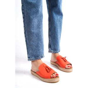 Hakiki Deri 605-ORJ Püsküllü Oranj Kadın Espadril Terlik