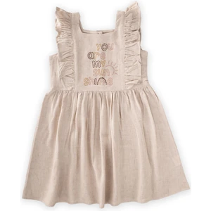 Kare Yaka Yazı Taşlı Keten Elbise 2-7 Yaş Naturel