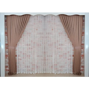 Figen Perde Açık Kahve Renk Fon Kadife Perde Çift Kanat 1/3 Sık Pileli Dikim V-10