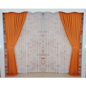 Figen Perde Turuncu Renk Fon Kadife Perde Çift Kanat 1/3 Sık Pileli Dikim V-15