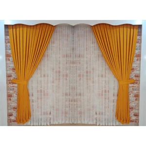 Hardal Sarısı Renk Fon Kadife Perde Çift Kanat 1/3 Sık Pileli Dikim V-16