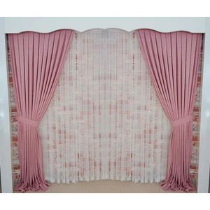 Figen Perde Gül Renk Fon Kadife Perde Çift Kanat 1/3 Sık Pileli Dikim V-27