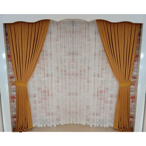 Figen Perde Koyu Hardal Renk Fon Kadife Perde Çift Kanat 1/3 Sık Pileli Dikim V-17