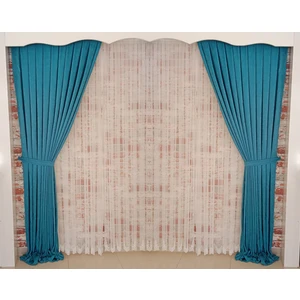 Koyu Turkuaz Renk Fon Kadife Perde Çift Kanat 1/3 Sık Pileli Dikim V-23